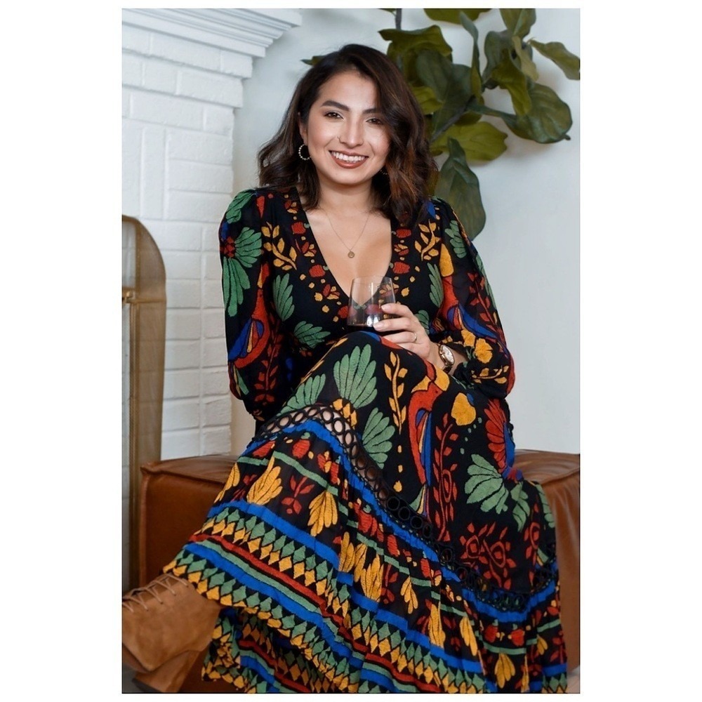 Farm Rio Black Tropical Toucan Floral V-Neck Maxi Dress S Long Puff Sleeve Boho - Picture 2 of 16